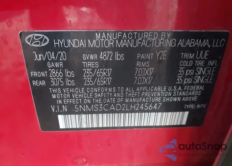 2020 Hyundai Santa Fe Sel из США, поврежденный, VIN 5NMS3CAD2LH245647